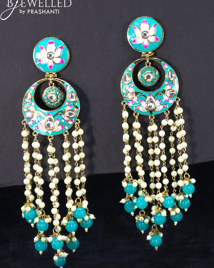 Light weight chandbali teal blue minakari earrings with pearl and beads hangings - {{ collection.title }} by Prashanti Sarees