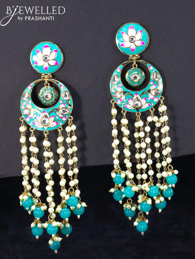 Light weight chandbali teal blue minakari earrings with pearl and beads hangings - {{ collection.title }} by Prashanti Sarees