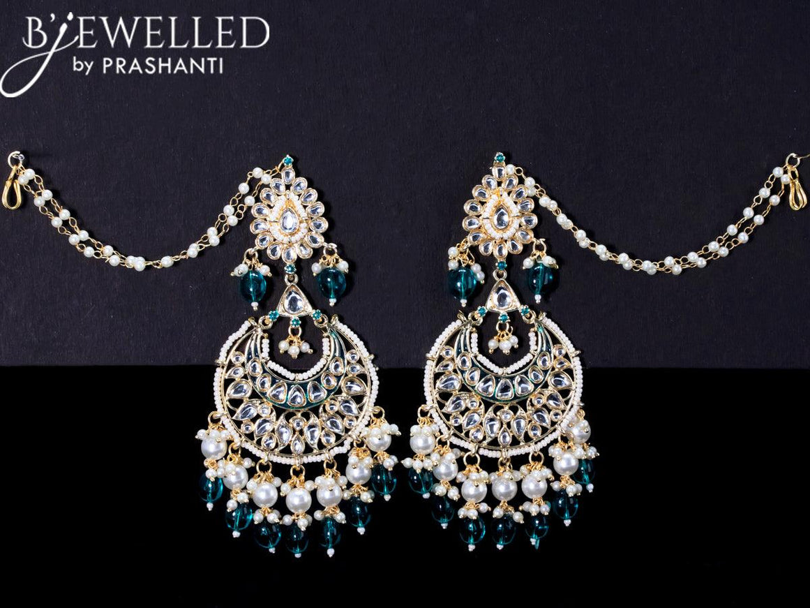 Light weight chandbali teal blue minakari earrings with pearl maatal - {{ collection.title }} by Prashanti Sarees