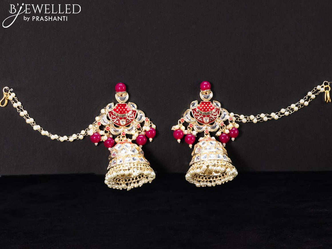 Light weight dark pink jhumkas with kundan stones and pearl maatal - {{ collection.title }} by Prashanti Sarees