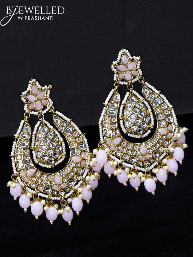 Light weight earrings baby pink and kundan stone with beads hangings - {{ collection.title }} by Prashanti Sarees