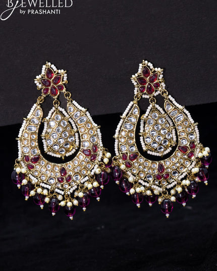 Light weight earrings purple and kundan stone with beads hangings - {{ collection.title }} by Prashanti Sarees