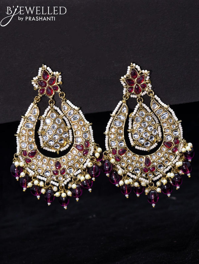 Light weight earrings purple and kundan stone with beads hangings - {{ collection.title }} by Prashanti Sarees