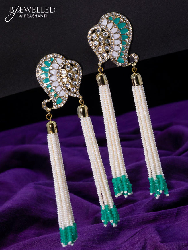 Light weight earrings teal green and cz stone with pearl hangings - {{ collection.title }} by Prashanti Sarees