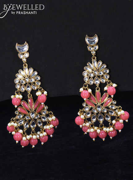 Light weight earrings with kundan stone and peach pink beads hangings - {{ collection.title }} by Prashanti Sarees