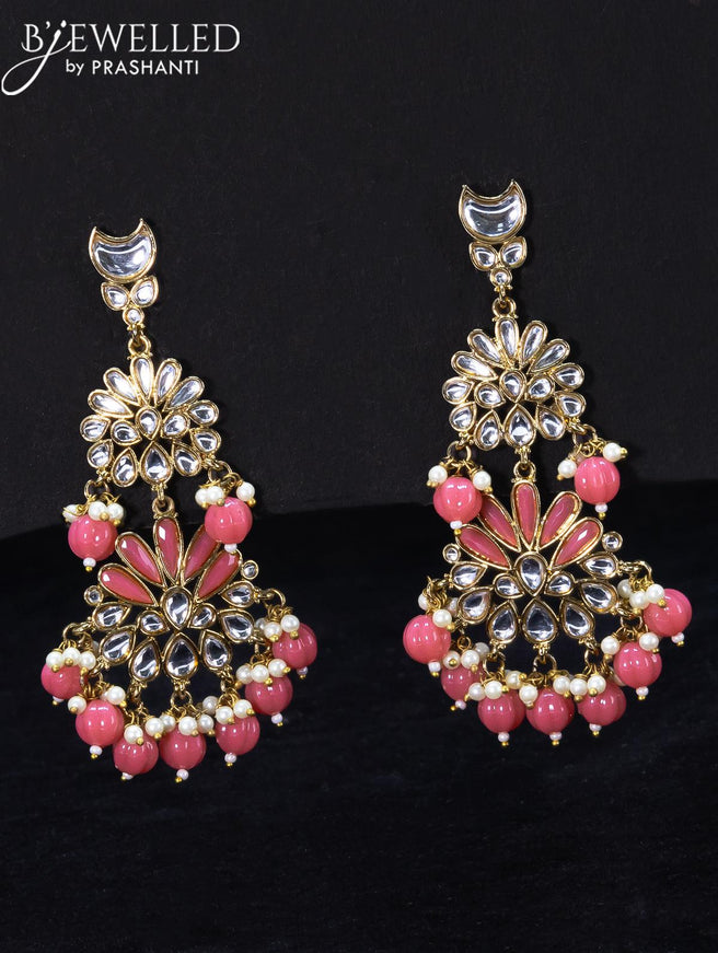 Light weight earrings with kundan stone and peach pink beads hangings - {{ collection.title }} by Prashanti Sarees