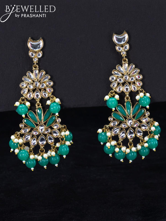 Light weight earrings with kundan stone and teal green beads hangings - {{ collection.title }} by Prashanti Sarees