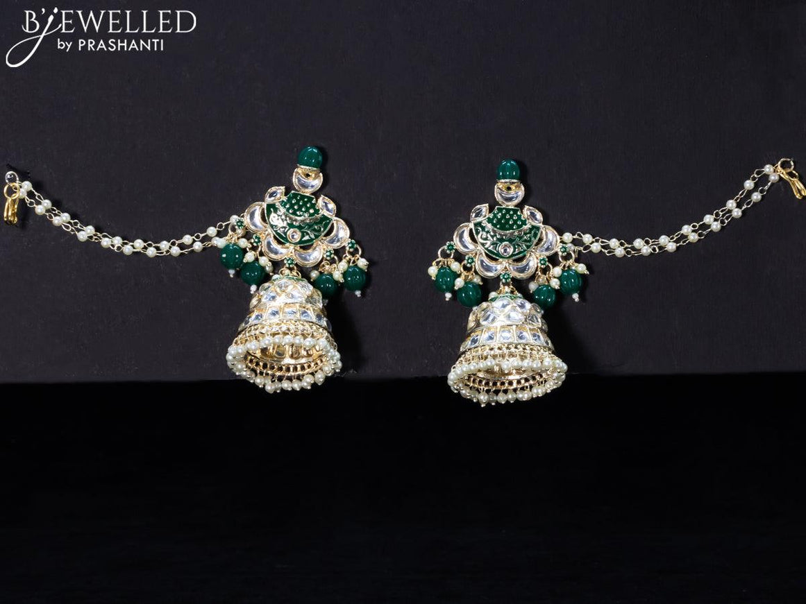 Light weight green jhumkas with kundan stones and pearl maatal - {{ collection.title }} by Prashanti Sarees