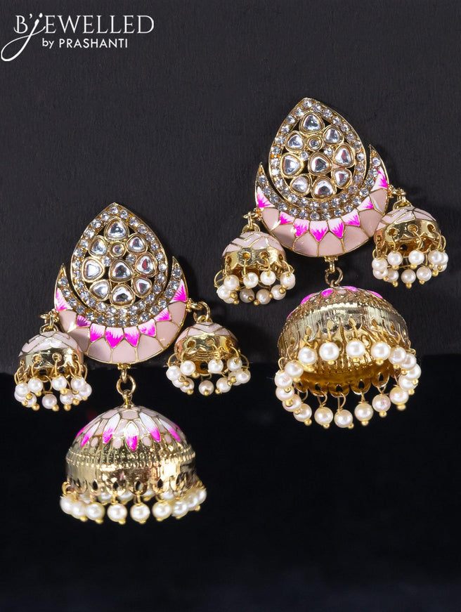 Light weight jhumka with beige minakari and pearl hangings - {{ collection.title }} by Prashanti Sarees