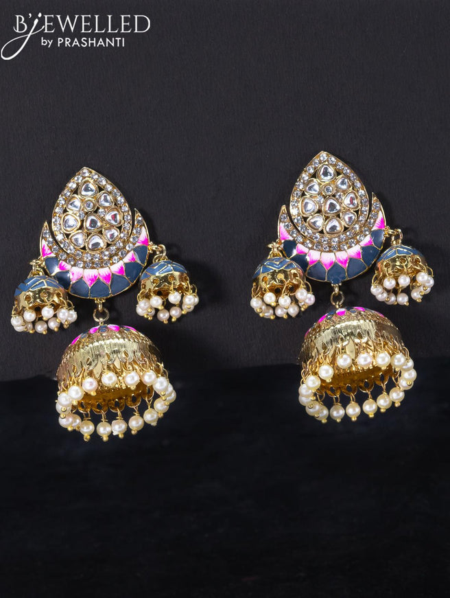 Light weight jhumka with blue minakari and pearl hangings - {{ collection.title }} by Prashanti Sarees