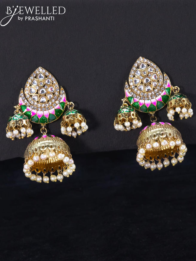 Light weight jhumka with green minakari and pearl hangings - {{ collection.title }} by Prashanti Sarees
