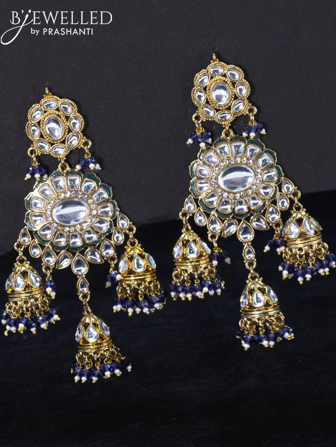 Light weight jhumka with kundan stones and blue beads hangings - {{ collection.title }} by Prashanti Sarees