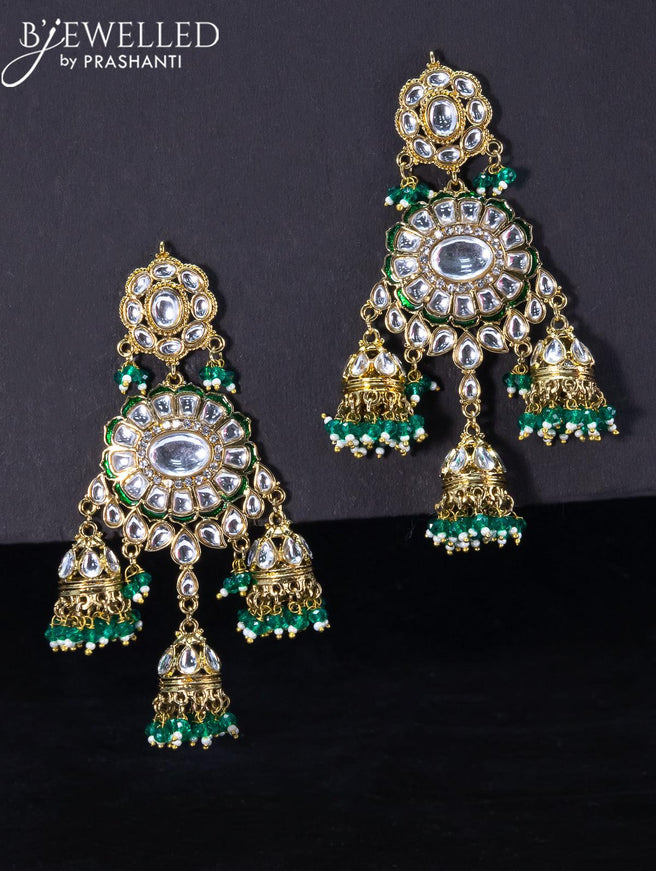 Light weight jhumka with kundan stones and green beads hangings - {{ collection.title }} by Prashanti Sarees