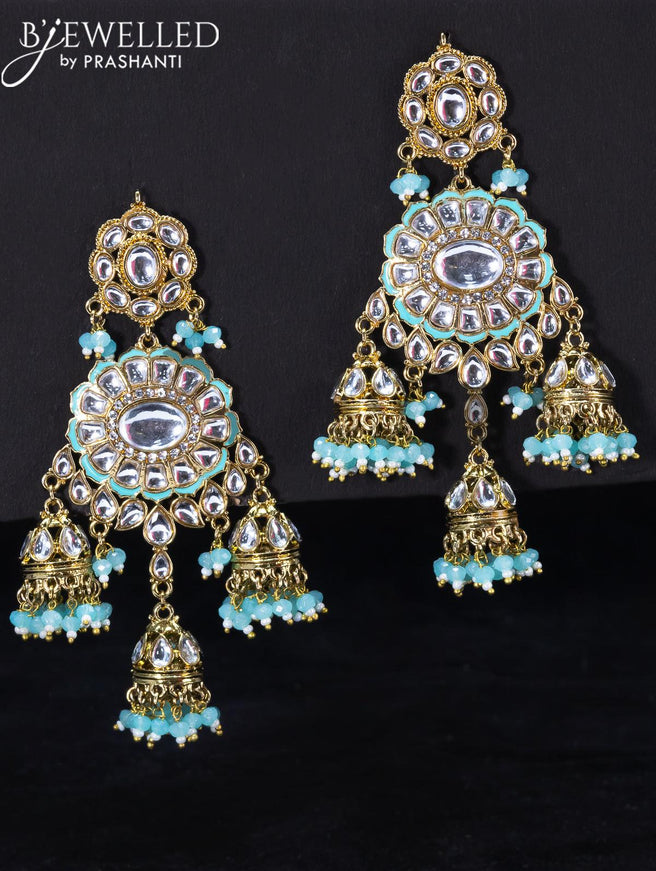 Light weight jhumka with kundan stones and light blue beads hangings - {{ collection.title }} by Prashanti Sarees