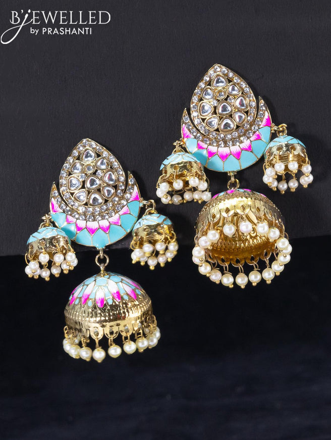 Light weight jhumka with light blue minakari and pearl hangings - {{ collection.title }} by Prashanti Sarees