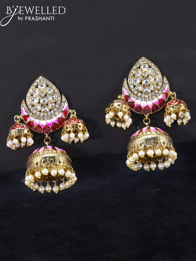 Light weight jhumka with maroon minakari and pearl hangings - {{ collection.title }} by Prashanti Sarees