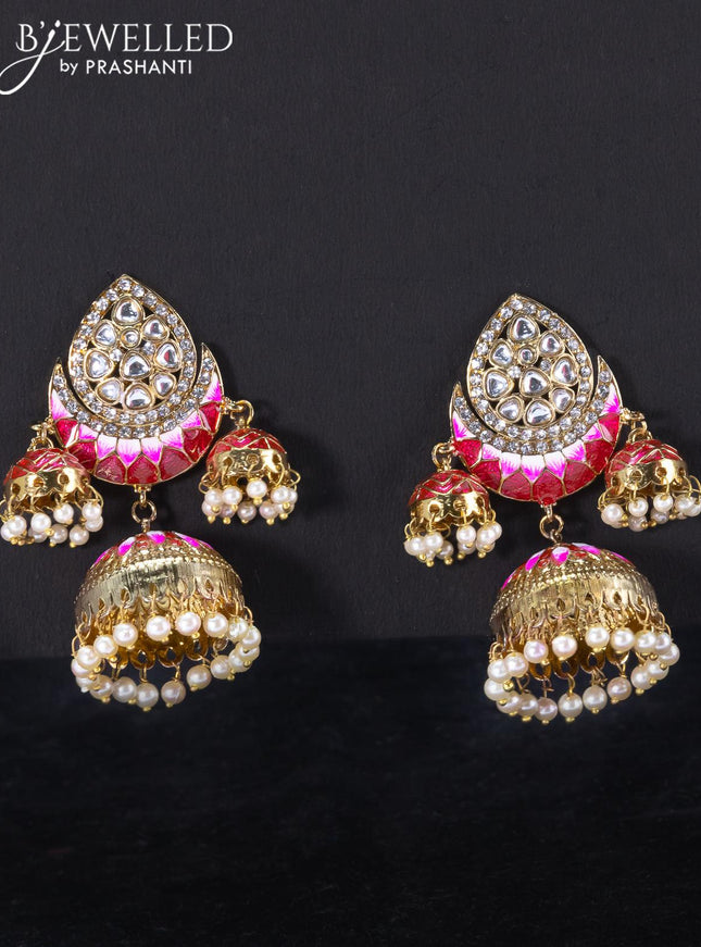Light weight jhumka with red minakari and pearl hangings - {{ collection.title }} by Prashanti Sarees