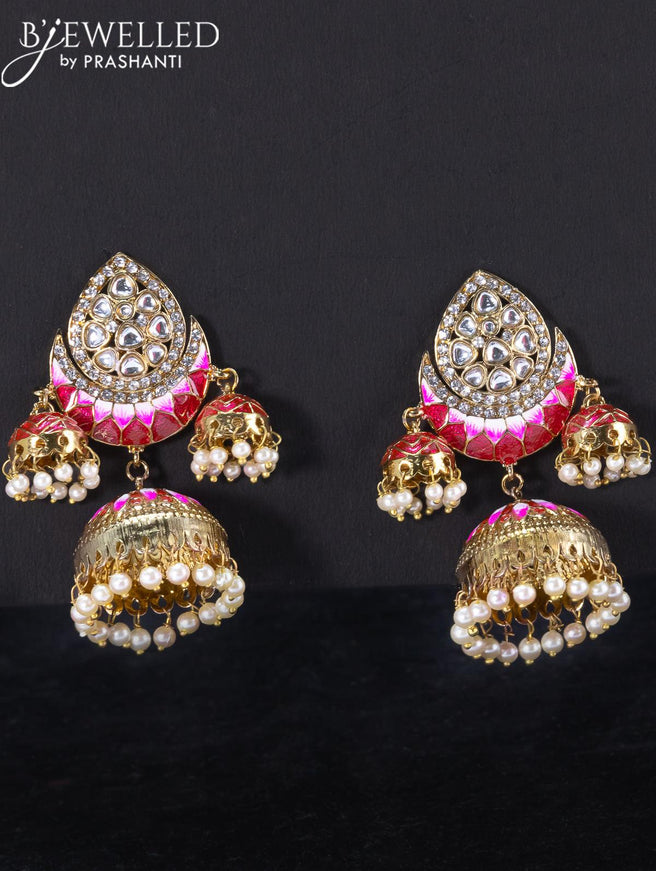 Light weight jhumka with red minakari and pearl hangings - {{ collection.title }} by Prashanti Sarees