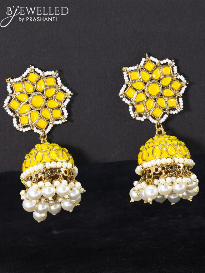 Light weight jhumka with yellow stones and pearl hangings - {{ collection.title }} by Prashanti Sarees