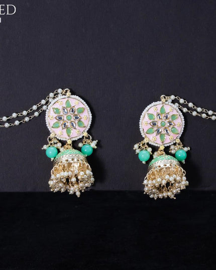 Light weight jhumkas baby pink and mint green minakari with pearl maatal - {{ collection.title }} by Prashanti Sarees