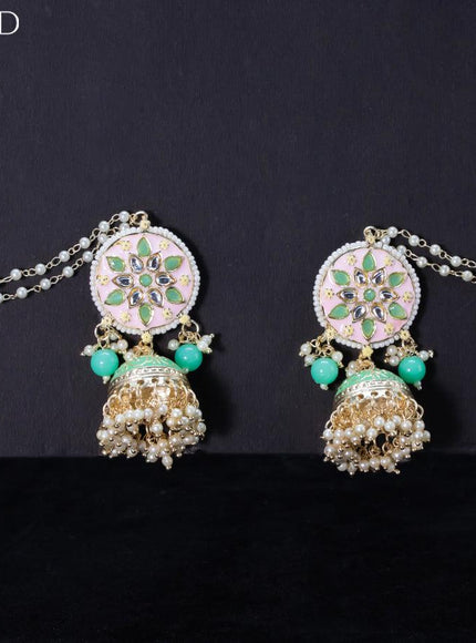Light weight jhumkas baby pink and mint green minakari with pearl maatal - {{ collection.title }} by Prashanti Sarees