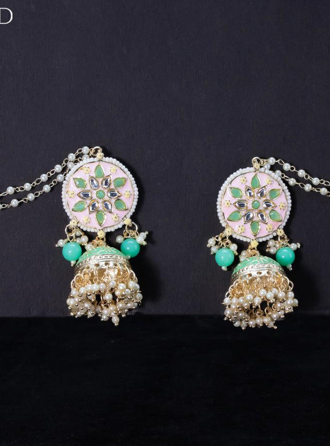 Light weight jhumkas baby pink and mint green minakari with pearl maatal - {{ collection.title }} by Prashanti Sarees