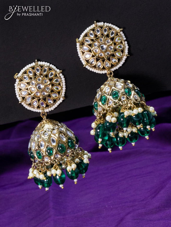 Light weight jhumkas green and cz stone with beads hangings - {{ collection.title }} by Prashanti Sarees