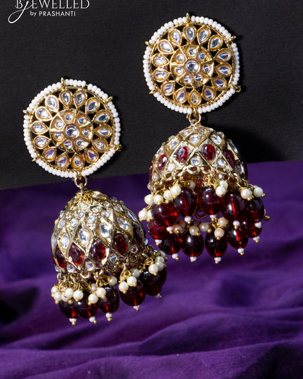 Light weight jhumkas maroon and cz stone with beads hangings - {{ collection.title }} by Prashanti Sarees