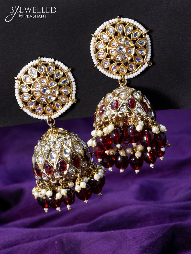 Light weight jhumkas maroon and cz stone with beads hangings - {{ collection.title }} by Prashanti Sarees