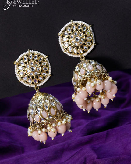 Light weight jhumkas peach and cz stone with beads hangings - {{ collection.title }} by Prashanti Sarees