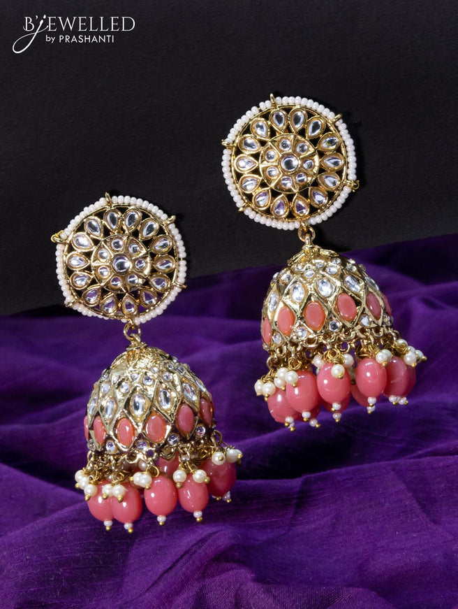 Light weight jhumkas peach pink and cz stone with beads hangings - {{ collection.title }} by Prashanti Sarees