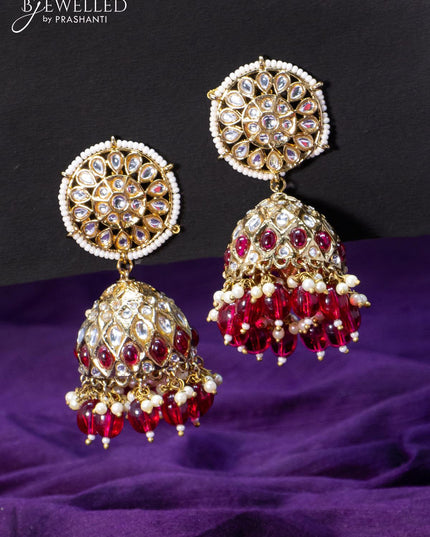 Light weight jhumkas pink and cz stone with beads hangings - {{ collection.title }} by Prashanti Sarees