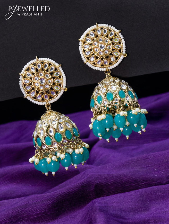 Light weight jhumkas teal green and cz stone with beads hangings - {{ collection.title }} by Prashanti Sarees