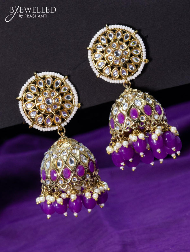 Light weight jhumkas violet and cz stone with beads hangings - {{ collection.title }} by Prashanti Sarees