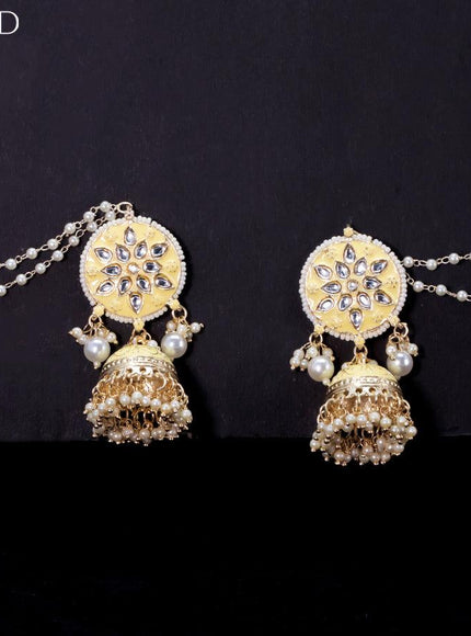 Light weight jhumkas with cream minakari and pearl maatal - {{ collection.title }} by Prashanti Sarees