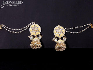 Light weight jhumkas with cream minakari and pearl maatal