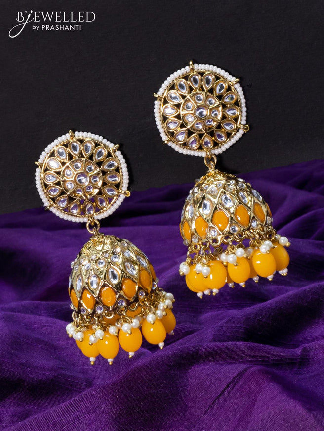 Light weight jhumkas yellow and cz stone with beads hangings - {{ collection.title }} by Prashanti Sarees
