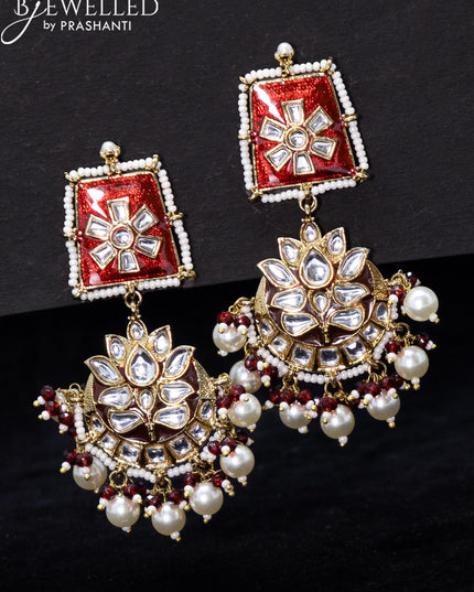 Light weight kundan stone earrings with maroon beads and pearl hangings - {{ collection.title }} by Prashanti Sarees