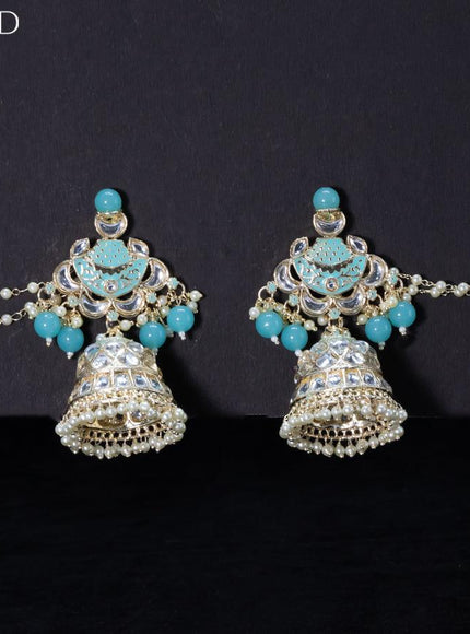 Light weight light blue jhumkas with kundan stones and pearl maatal - {{ collection.title }} by Prashanti Sarees