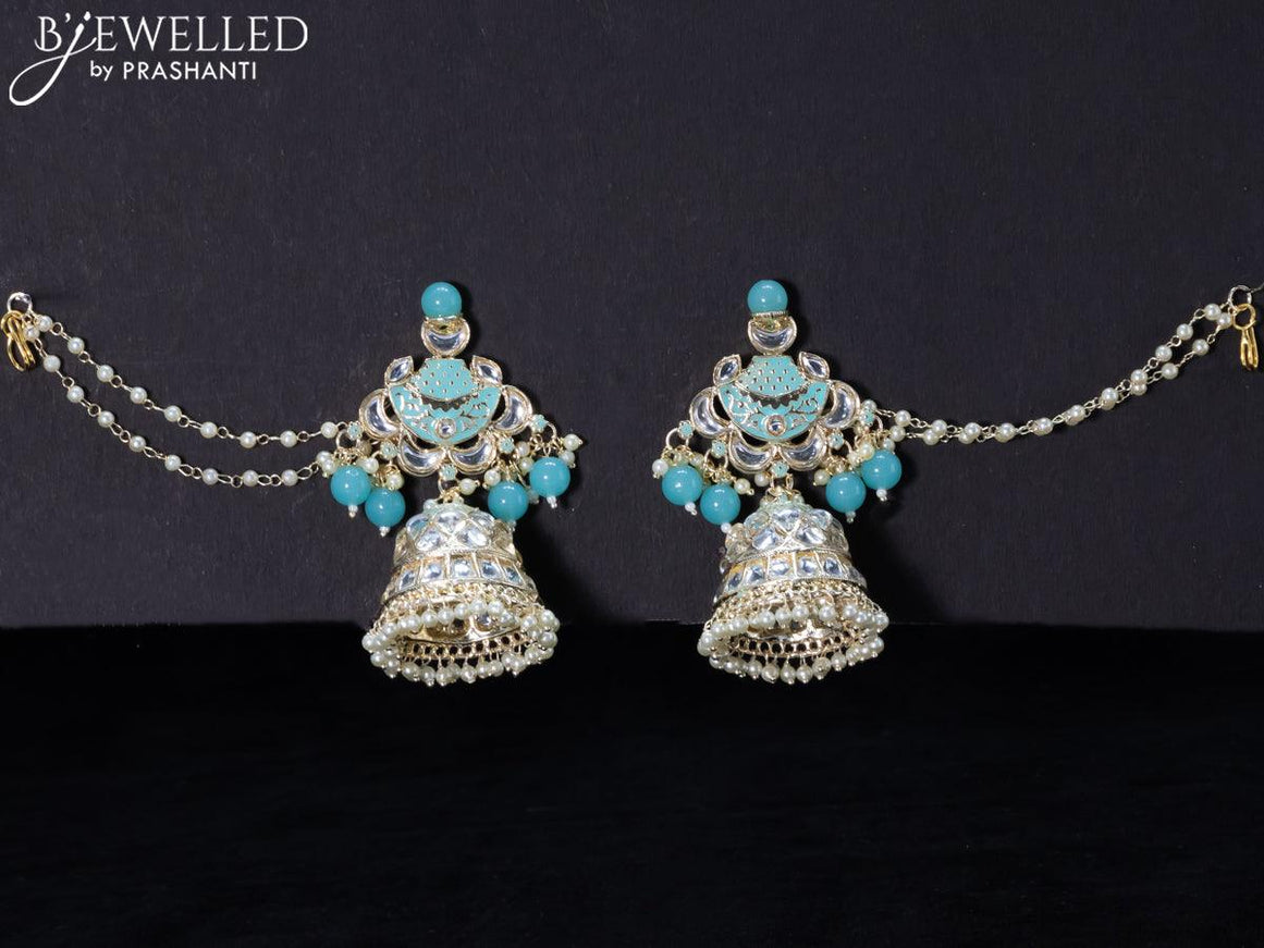 Light weight light blue jhumkas with kundan stones and pearl maatal - {{ collection.title }} by Prashanti Sarees