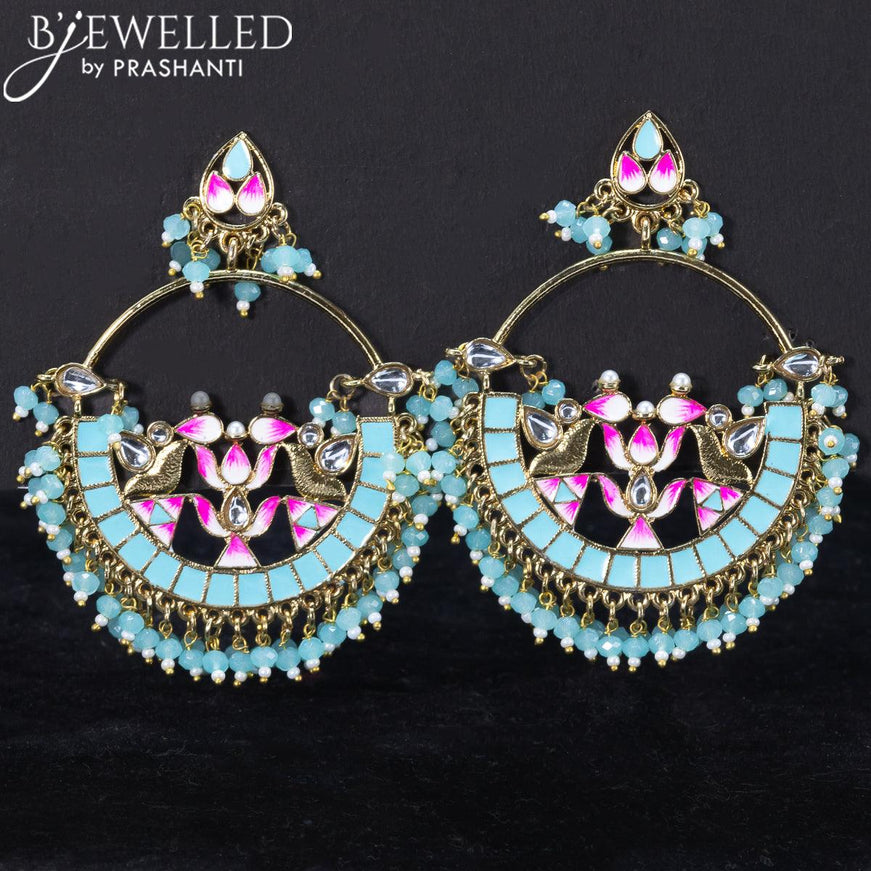 Light weight lotus design earrings with cz stone and light blue beads hangings - {{ collection.title }} by Prashanti Sarees
