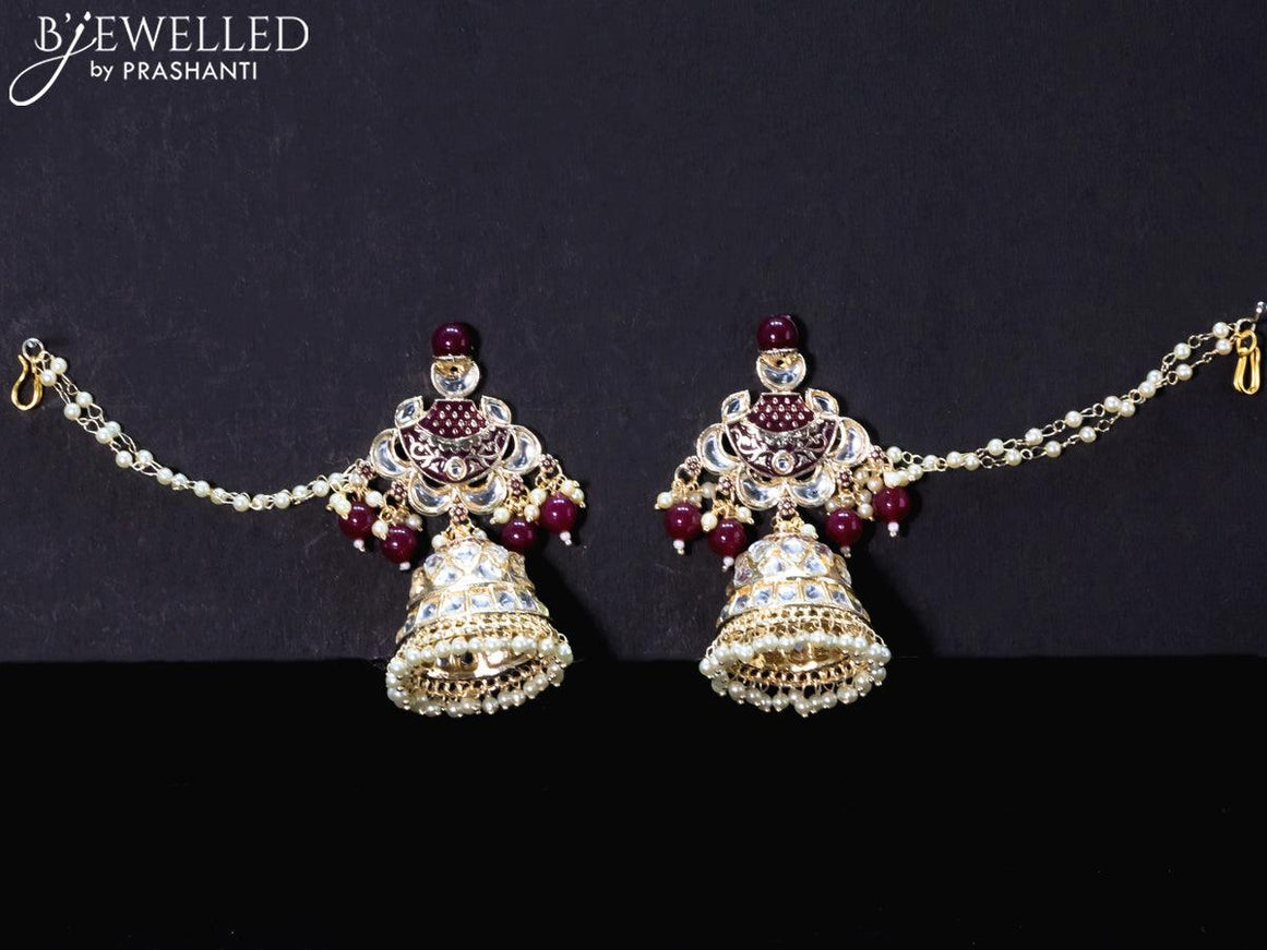 Light weight maroon jhumkas with kundan stones and pearl maatal - {{ collection.title }} by Prashanti Sarees