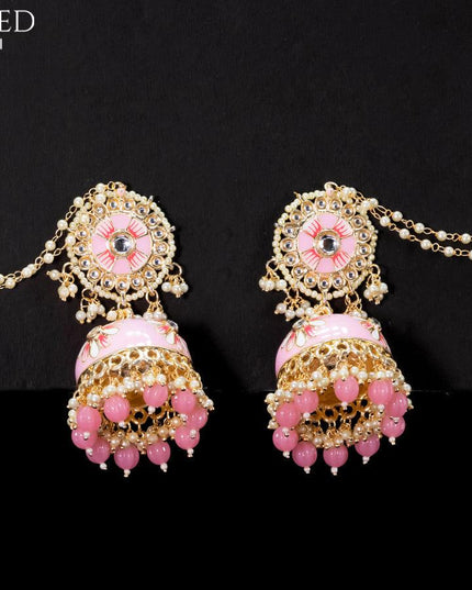 Light weight minakari baby pink jhumkas with pearl maatal - {{ collection.title }} by Prashanti Sarees