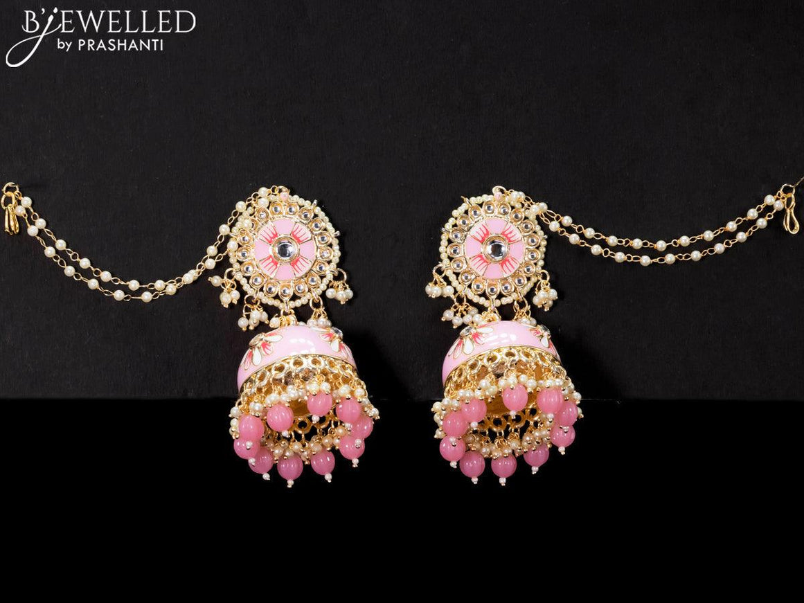 Light weight minakari baby pink jhumkas with pearl maatal - {{ collection.title }} by Prashanti Sarees
