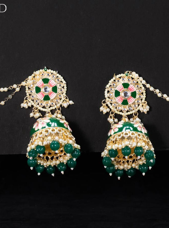 Light weight minakari green jhumkas with pearl maatal - {{ collection.title }} by Prashanti Sarees