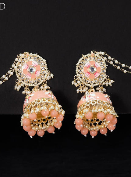 Light weight minakari peach jhumkas with pearl maatal - {{ collection.title }} by Prashanti Sarees