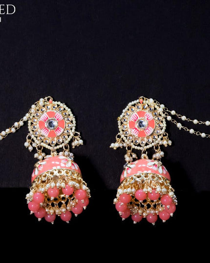 Light weight minakari peach pink jhumkas with pearl maatal - {{ collection.title }} by Prashanti Sarees