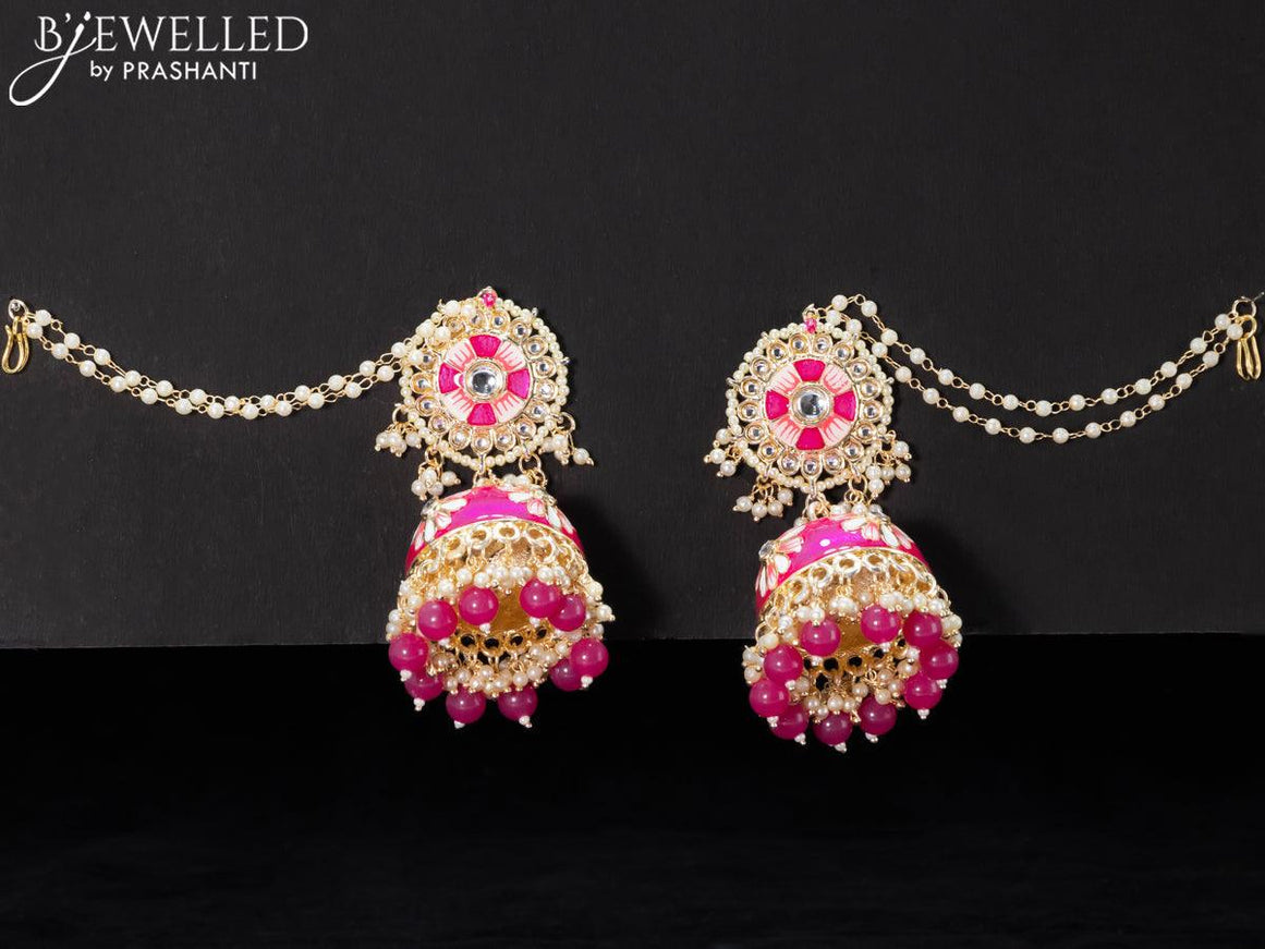 Light weight minakari pink jhumkas with pearl maatal - {{ collection.title }} by Prashanti Sarees