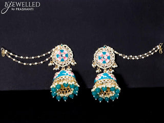 Light weight minakari teal green jhumkas with pearl maatal