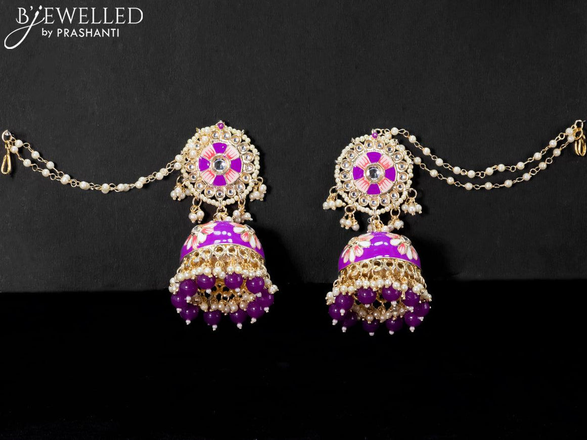 Light weight minakari violet jhumkas with pearl maatal - {{ collection.title }} by Prashanti Sarees